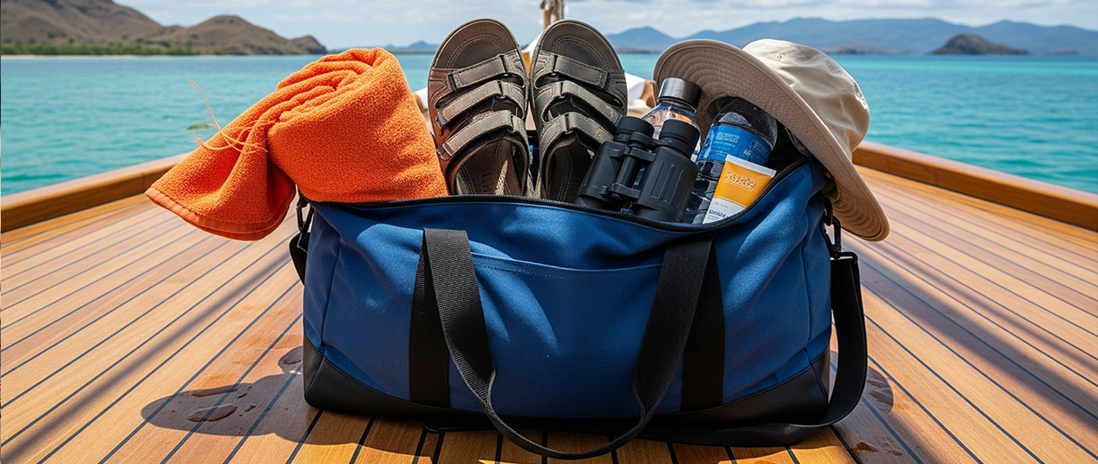 A traveler wearing lightweight tropical clothing and water shoes on a Komodo Island beach